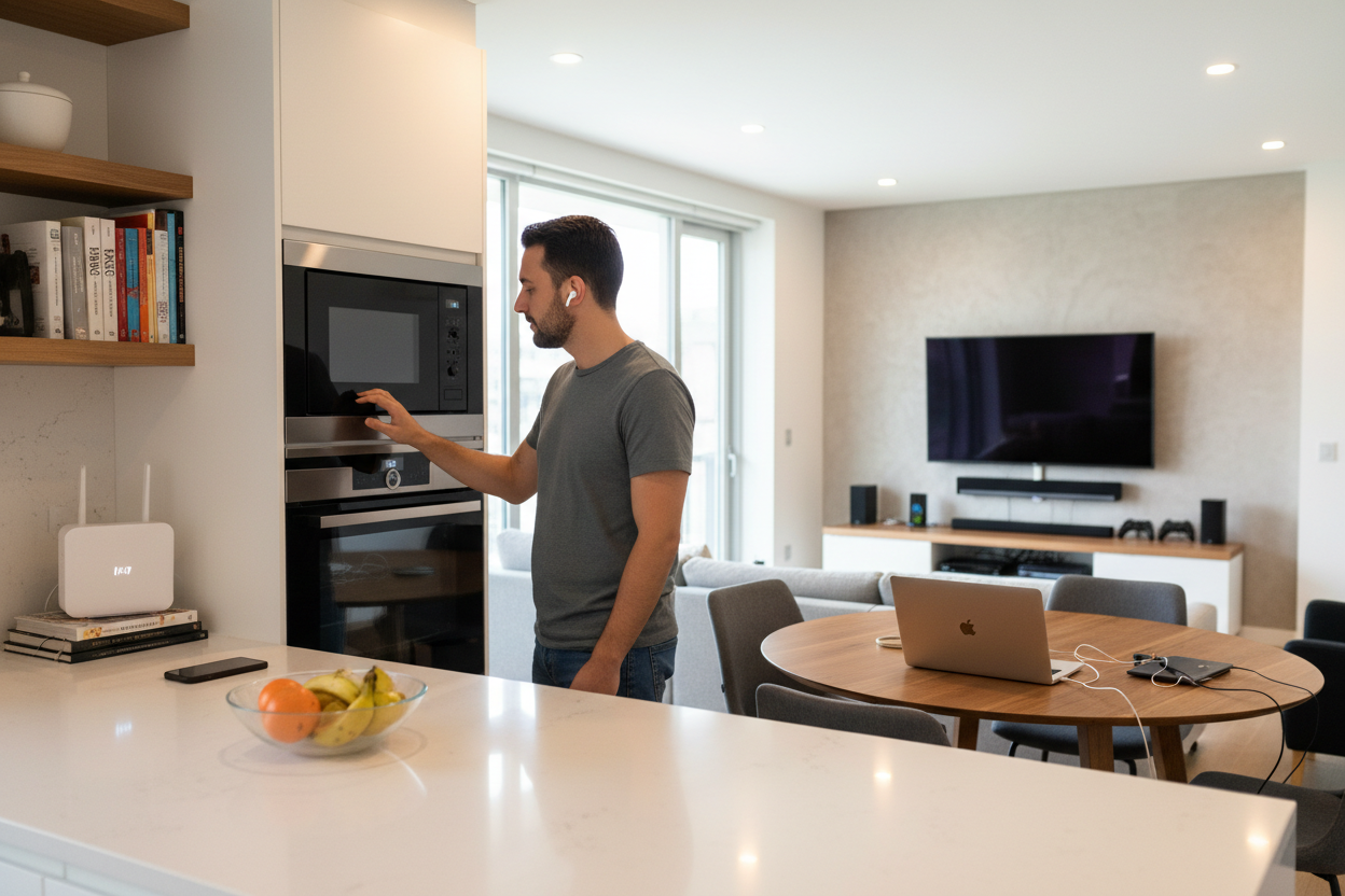 Person in kitchen with earbuds and EMF devices